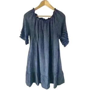 CATO Blue Denim 3/4 Ruffle Sleeve Scoop Ruffle Neck Baby Doll Mini Dress Size XS
